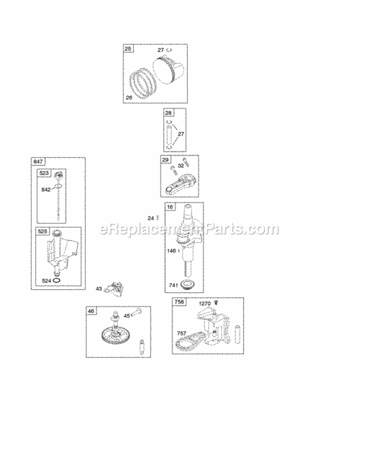 Camshaft Crankshaft Lubrication Piston Rings Connecting Rod Diagram and Parts List for 21A807-0215-E1  Briggs and Stratton Engine